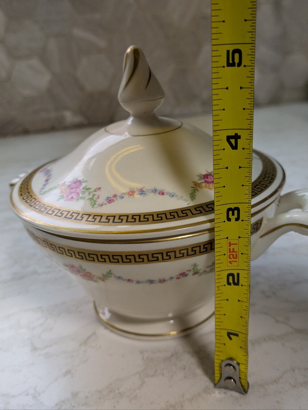 Edwin M. Knowles Floral Porcelain Covered Sugar Bowl with Gold Trim - Picture 12 of 13